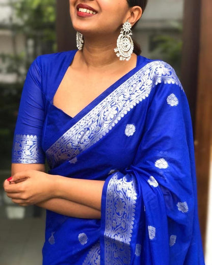 Timeless Beauty: Royal Blue Silk Saree with Stunning Silver Borders