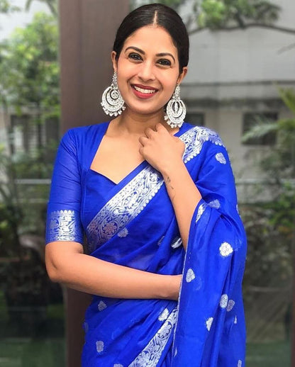 Timeless Beauty: Royal Blue Silk Saree with Stunning Silver Borders