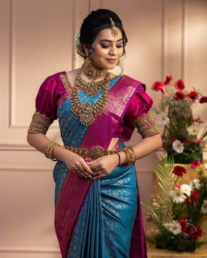 Sky Blue Designer Kanjivaram Saree with Beautiful Details and Luxe Appeal