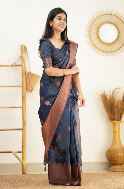 Timeless Navy Blue Color Soft Kanjivaram Saree with Gorgeous Matching Border for Every Occasion