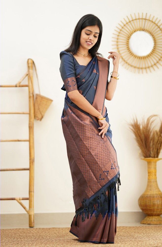 Timeless Navy Blue Color Soft Kanjivaram Saree with Gorgeous Matching Border for Every Occasion