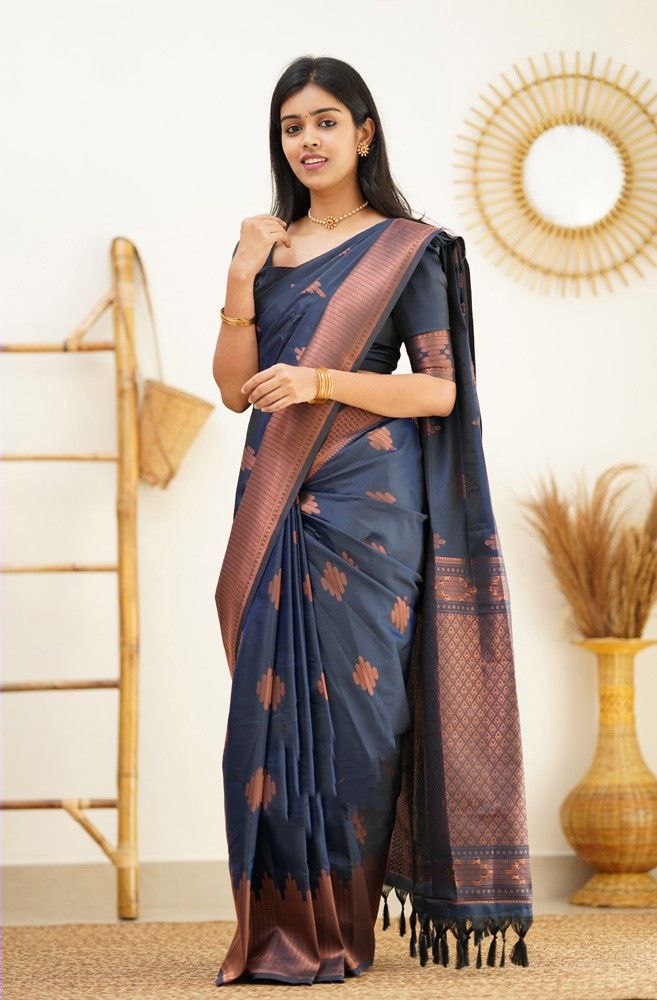 Timeless Navy Blue Color Soft Kanjivaram Saree with Gorgeous Matching Border for Every Occasion