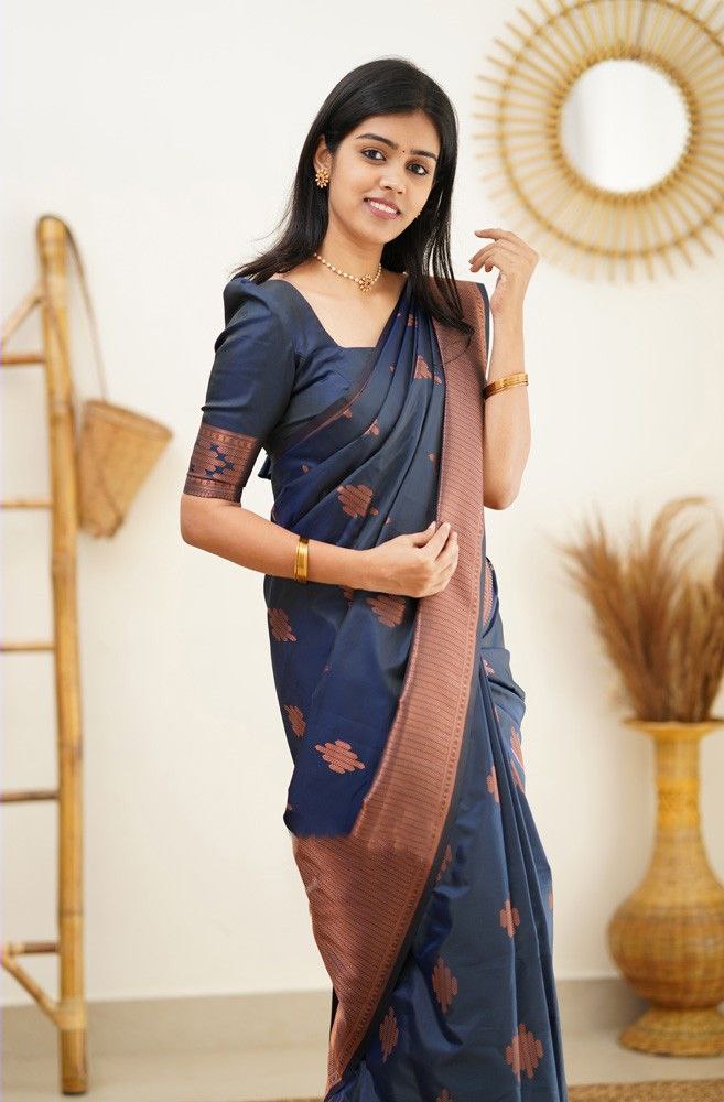 Timeless Navy Blue Color Soft Kanjivaram Saree with Gorgeous Matching Border for Every Occasion