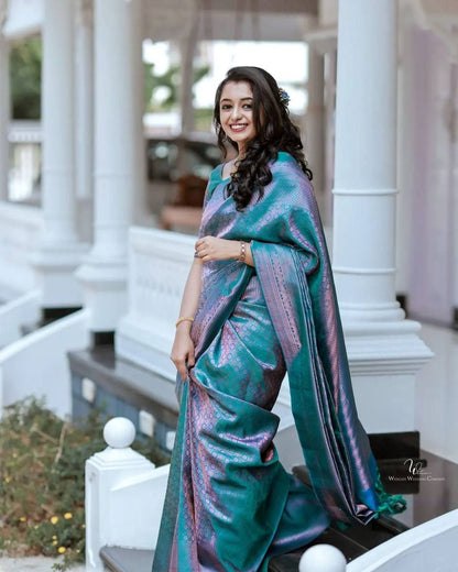 Festive Rama Kanjivaram Saree with Pinkish Zari and Matching Border Details