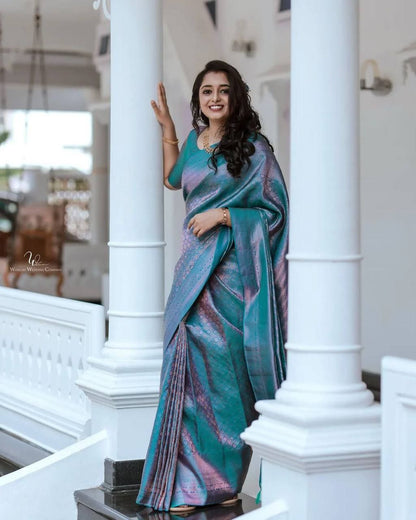 Festive Rama Kanjivaram Saree with Pinkish Zari and Matching Border Details