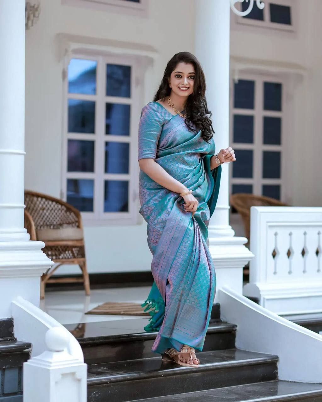 Festive Rama Kanjivaram Saree with Pinkish Zari and Matching Border Details