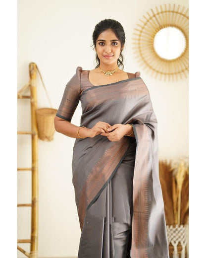 Elegant Grey Color Kanjivaram Silk Saree with Stunning Matching Border for Festive Looks