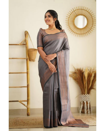 Elegant Grey Color Kanjivaram Silk Saree with Stunning Matching Border for Festive Looks