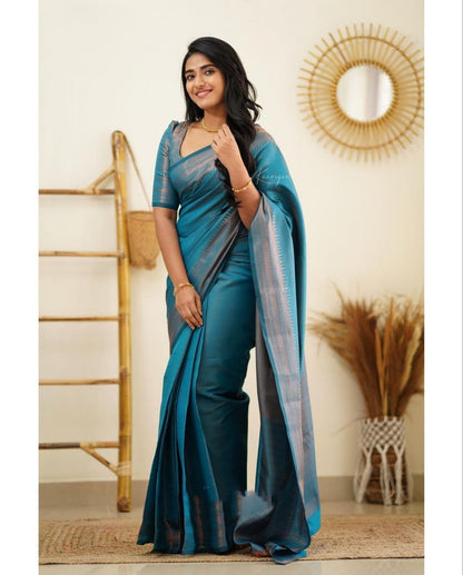 Elegant Firozi Color Kanjivaram Silk Saree with Stunning Matching Border for Festive Looks