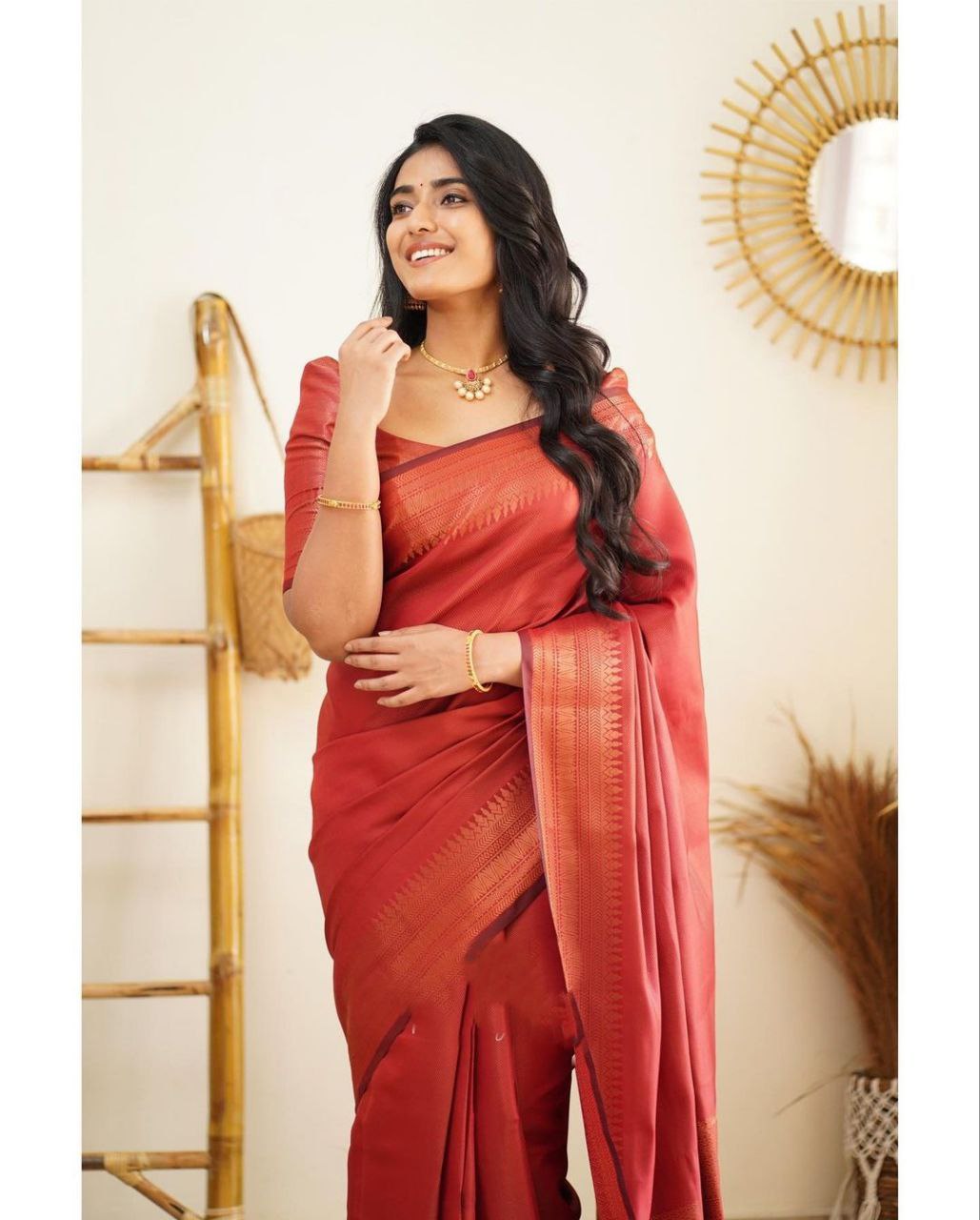 Elegant Red Color Kanjivaram Silk Saree with Stunning Matching Border for Festive Looks