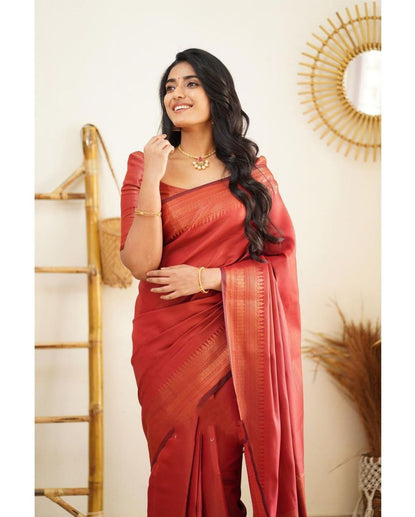 Elegant Red Color Kanjivaram Silk Saree with Stunning Matching Border for Festive Looks