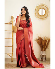 Elegant Red Color Kanjivaram Silk Saree with Stunning Matching Border for Festive Looks