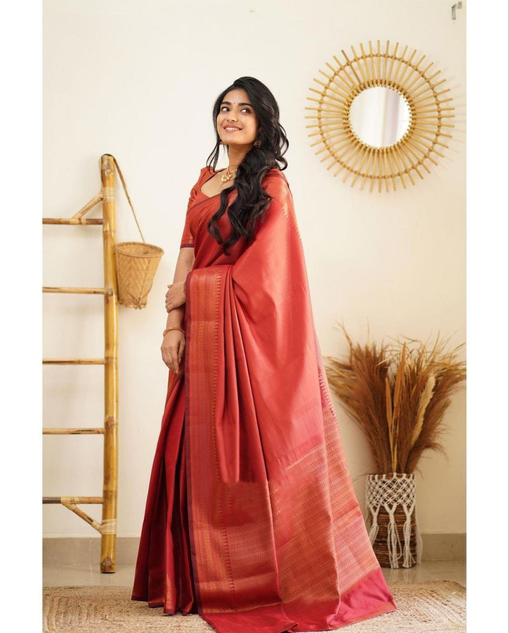 Elegant Red Color Kanjivaram Silk Saree with Stunning Matching Border for Festive Looks