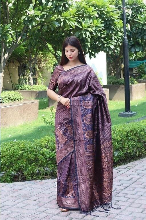 Outdoor Glamour: Woman in a Woven Purple-Brown Saree with Gold Detailing