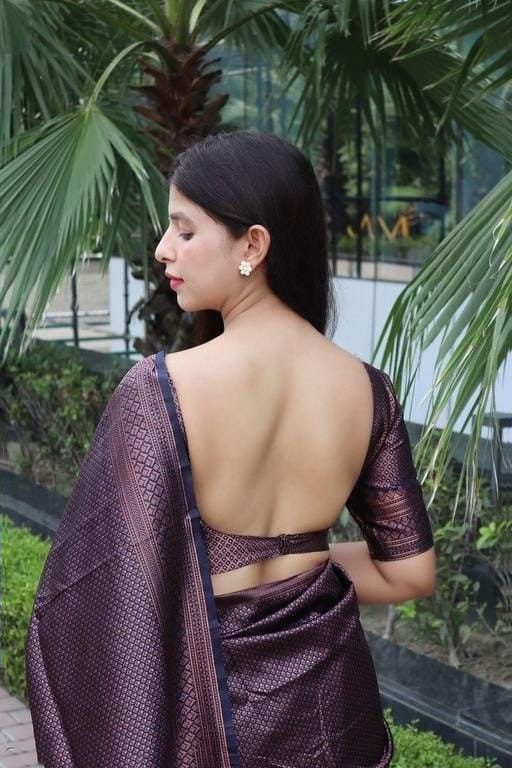 Outdoor Glamour: Woman in a Woven Purple-Brown Saree with Gold Detailing