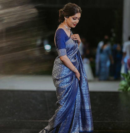 Graceful Elegance: Woman in Blue Silk Saree with Silver Detailing