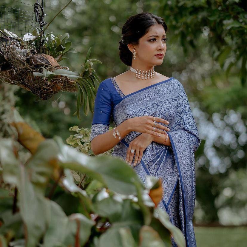 Graceful Elegance: Woman in Blue Silk Saree with Silver Detailing