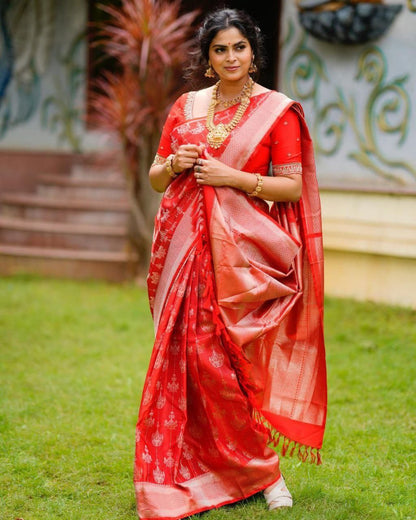 Radiant Red Soft Silk Kanjivaram Saree with Elegant Matching Border Work