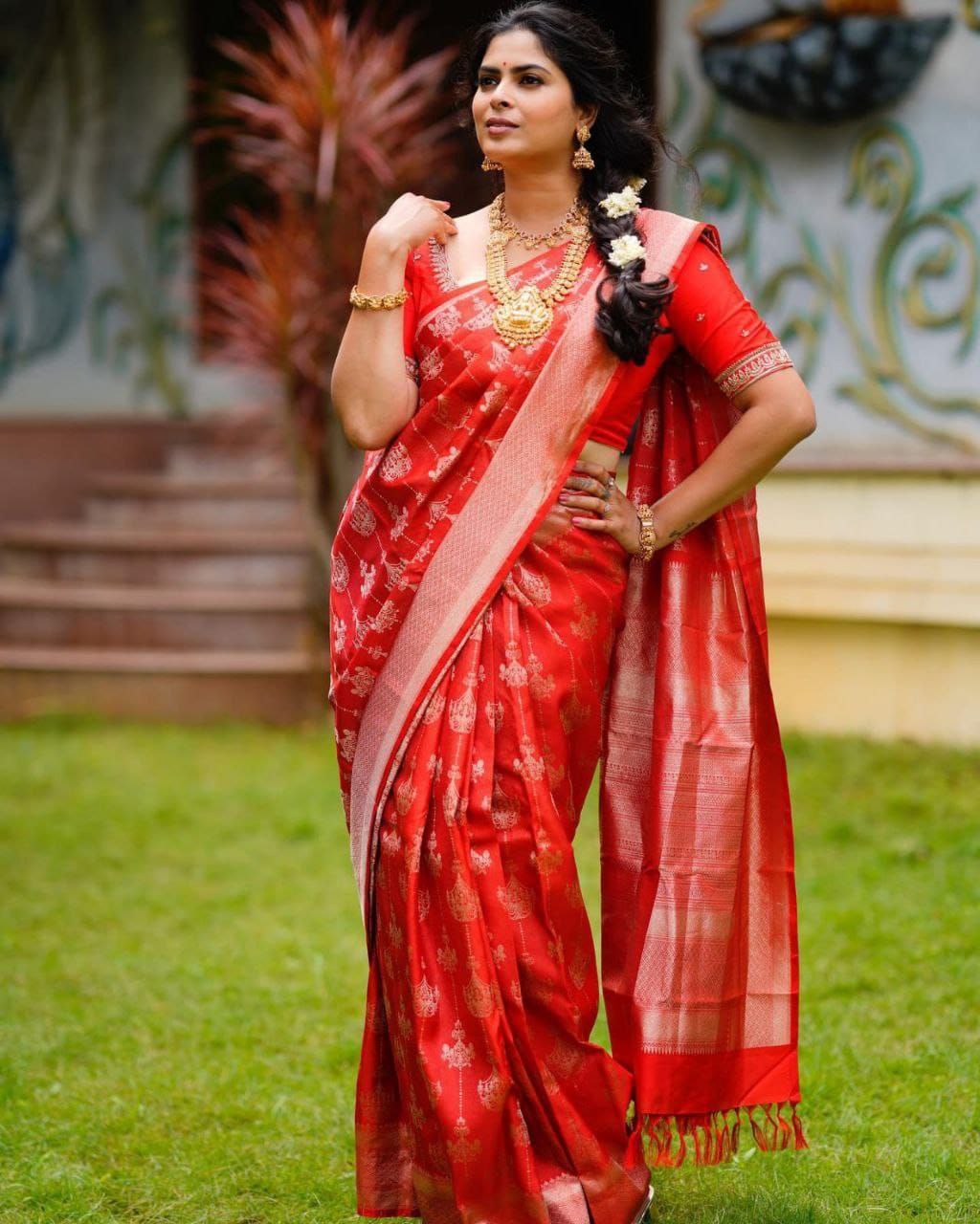 Radiant Red Soft Silk Kanjivaram Saree with Elegant Matching Border Work