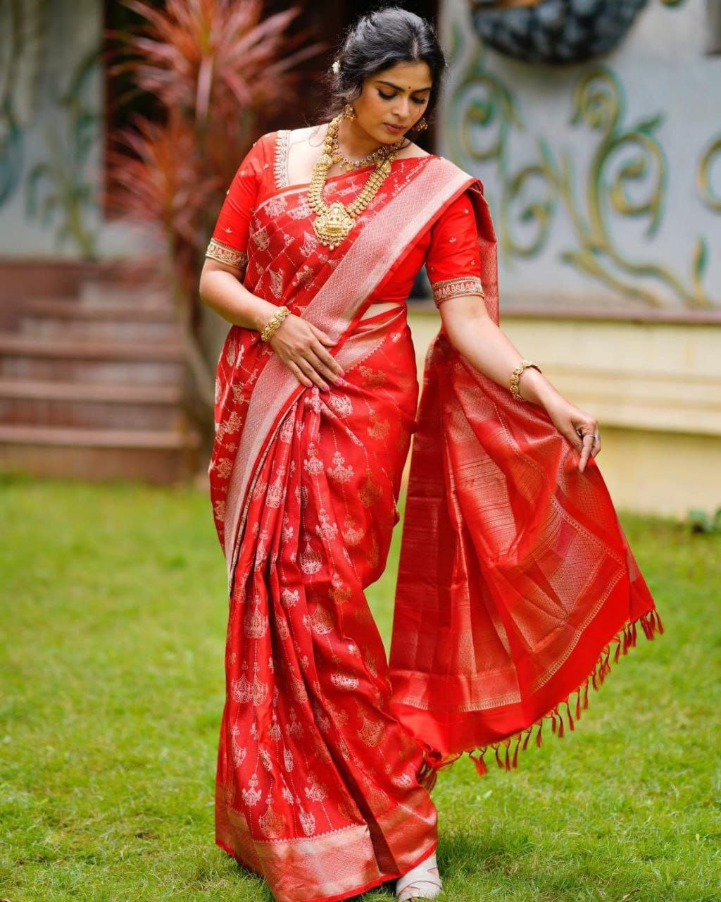 Radiant Red Soft Silk Kanjivaram Saree with Elegant Matching Border Work