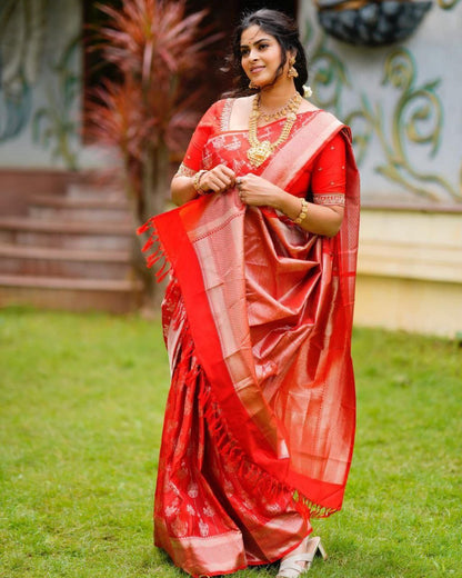 Radiant Red Soft Silk Kanjivaram Saree with Elegant Matching Border Work