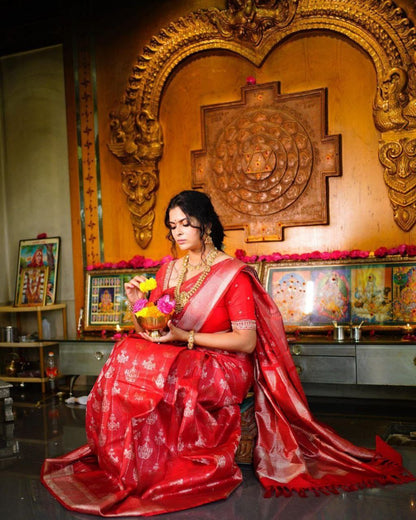 Radiant Red Soft Silk Kanjivaram Saree with Elegant Matching Border Work