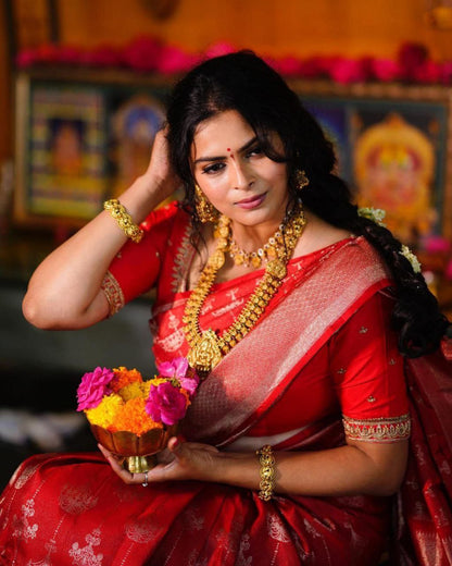 Radiant Red Soft Silk Kanjivaram Saree with Elegant Matching Border Work