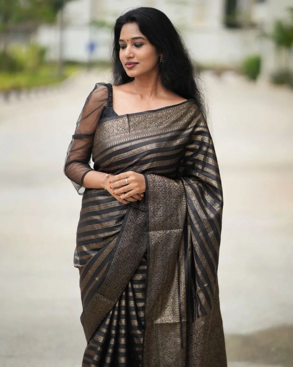 Classic Black Kanjivaram Saree in Soft Silk with Eye-Catching Matching Border