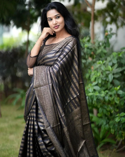 Classic Black Kanjivaram Saree in Soft Silk with Eye-Catching Matching Border