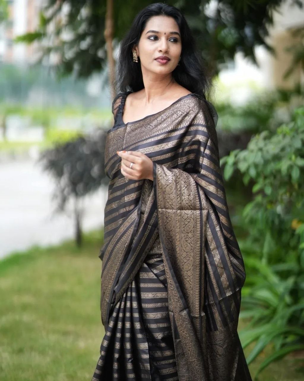 Classic Black Kanjivaram Saree in Soft Silk with Eye-Catching Matching Border