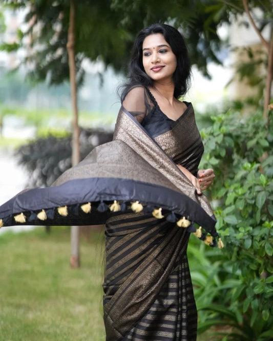 Classic Black Kanjivaram Saree in Soft Silk with Eye-Catching Matching Border