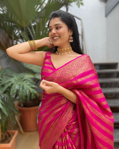 Classic Rani Pink Kanjivaram Saree in Soft Silk with Eye-Catching Matching Border