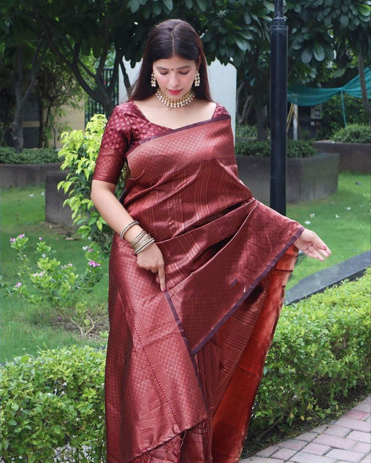 Traditional Maroon Color Soft Silk Kanjivaram Saree with Elegant Matching Border