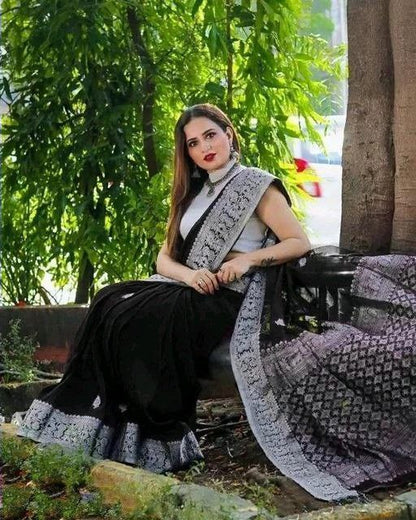 Stunning Black Color Kanjivaram Saree with Soft Silk Finish and Elegant Border