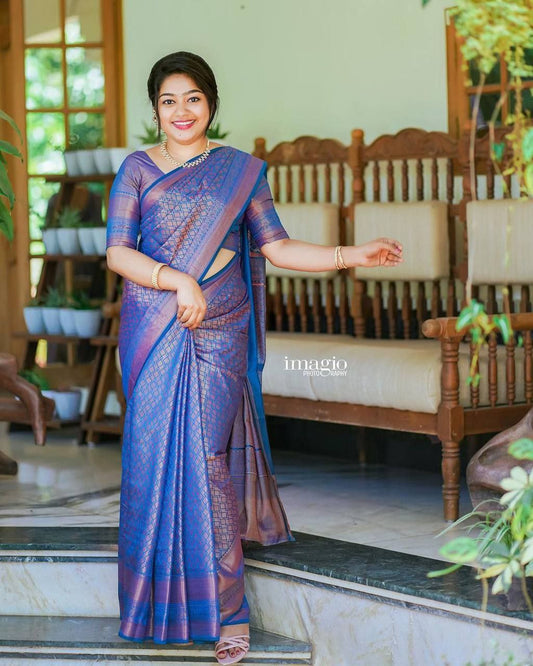 Classic Blue Kanjivaram Saree in Soft Silk with Matching Border Detail