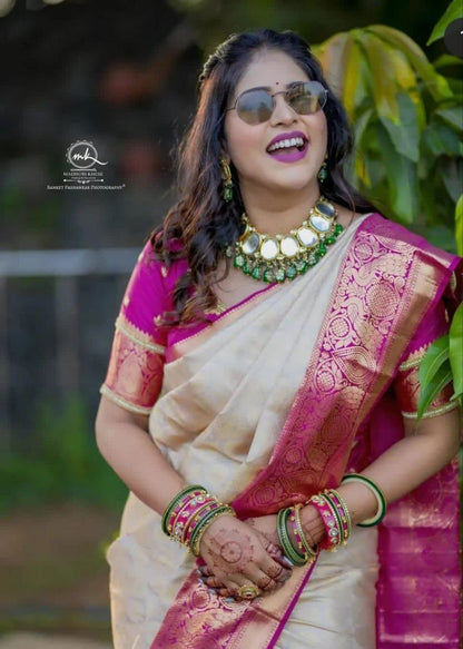 Traditional White Kanjivaram Silk Saree with Pallu and Matching Border Embellishments