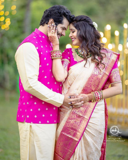 Traditional White Kanjivaram Silk Saree with Pallu and Matching Border Embellishments