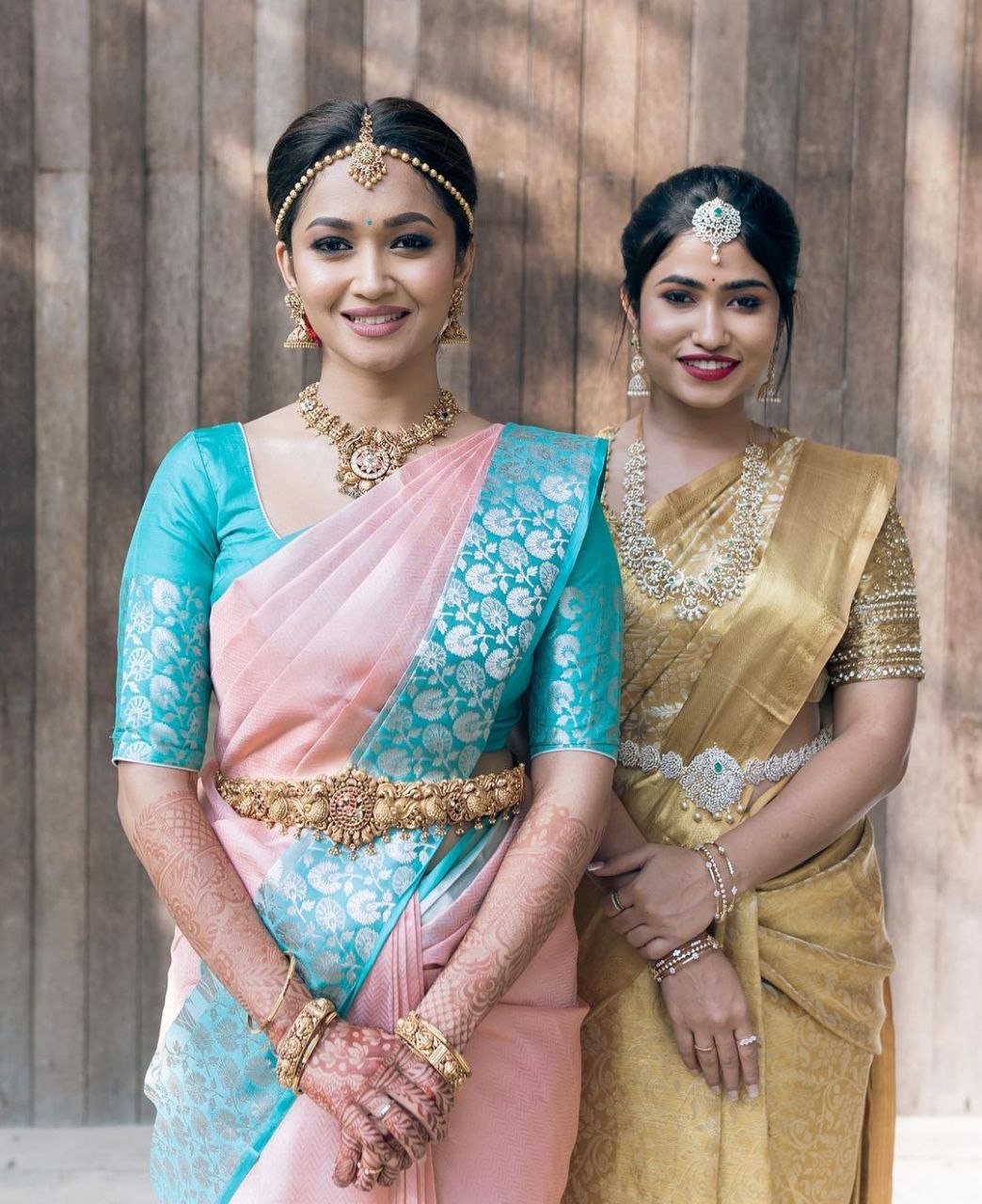 Graceful South Indian Bride in Luxurious Pastel Pink and Teal Silk Saree