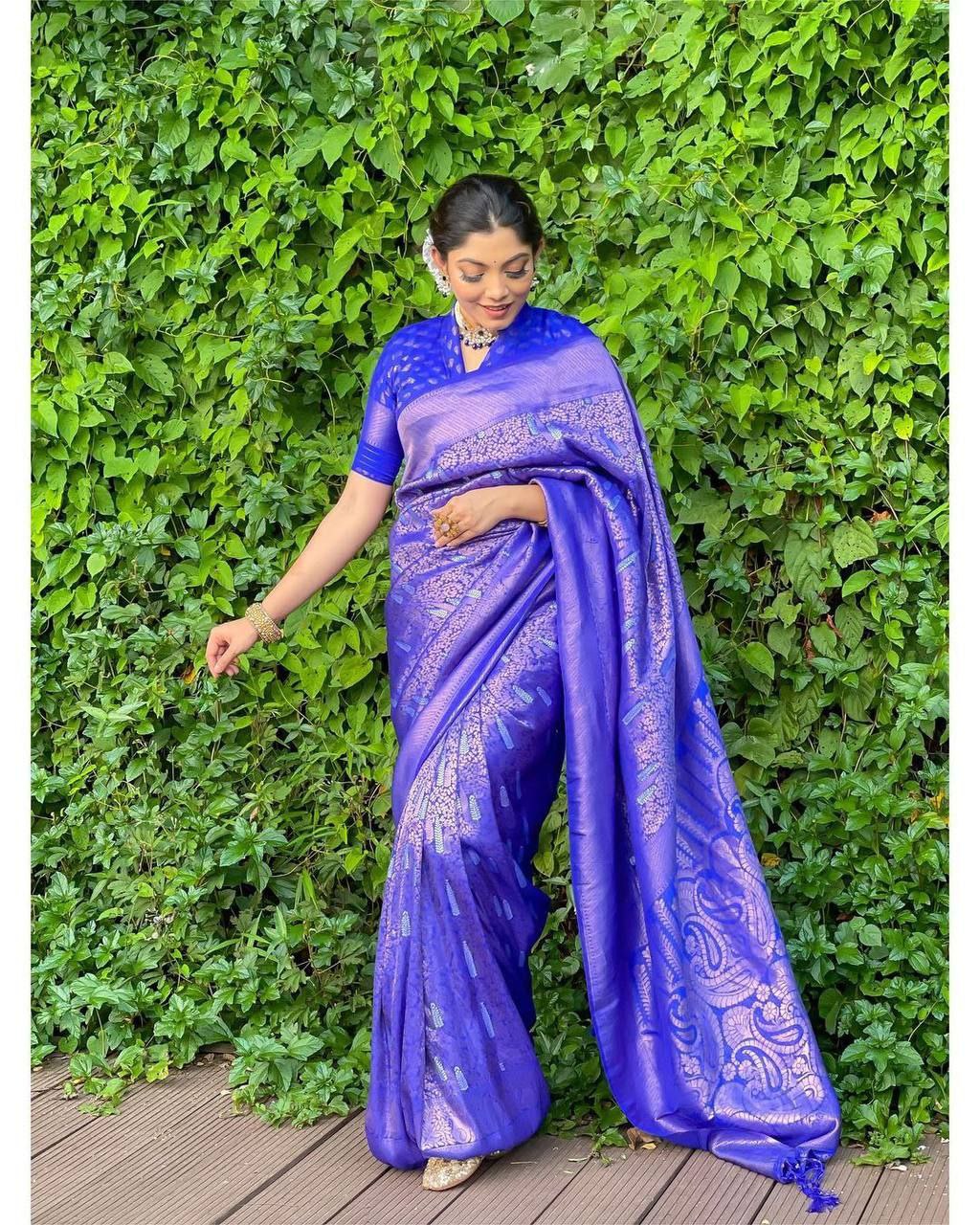 Unmatched Elegance: Blue Kanjivaram Saree with Stunning Borders