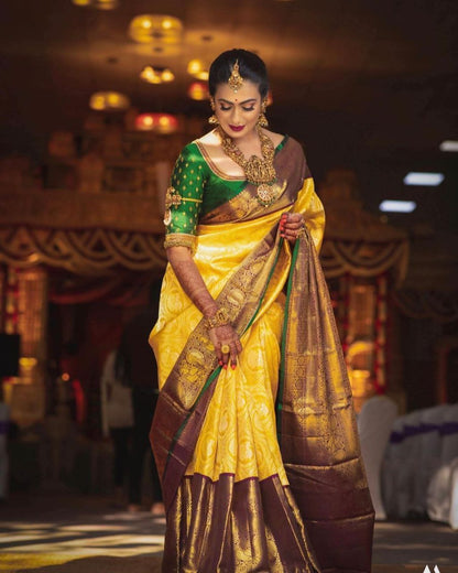 Luxurious Yellow Soft Silk Kanjivaram Saree with Striking Matching Border - Wedding Ready