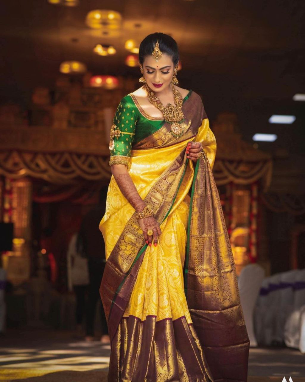 Luxurious Yellow Soft Silk Kanjivaram Saree with Striking Matching Border - Wedding Ready