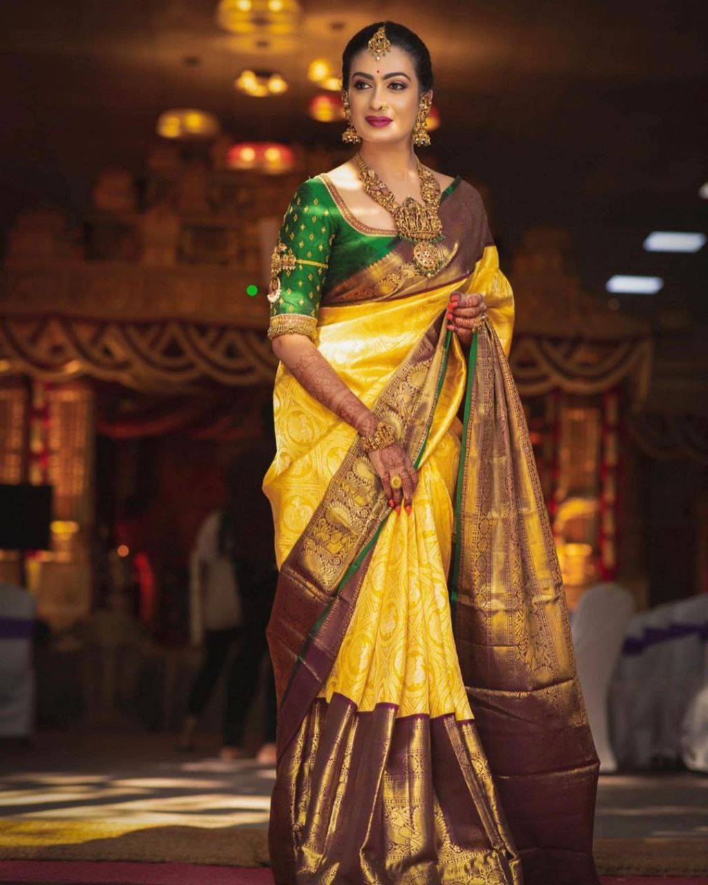 Luxurious Yellow Soft Silk Kanjivaram Saree with Striking Matching Border - Wedding Ready