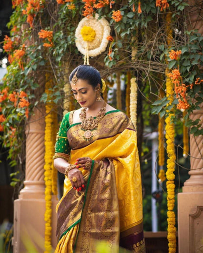 Luxurious Yellow Soft Silk Kanjivaram Saree with Striking Matching Border - Wedding Ready