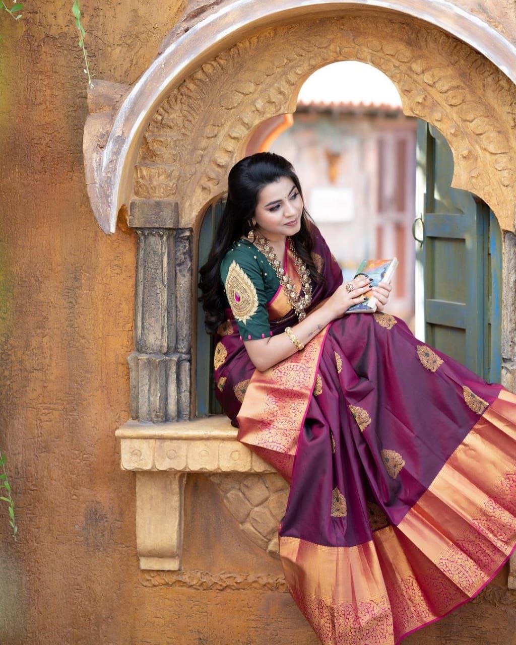 Elegant Wine Kanjivaram Saree in Soft Silk with Stunning Matching Border