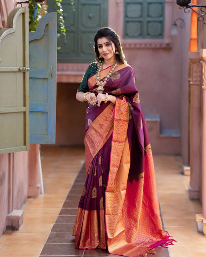 Elegant Wine Kanjivaram Saree in Soft Silk with Stunning Matching Border