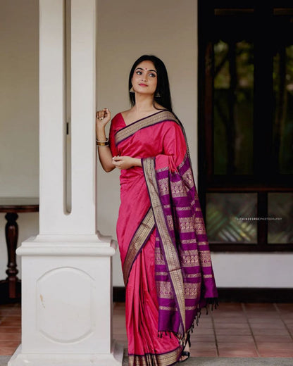 Graceful Pink Kanjivaram Soft Silk Saree Featuring Matching Border, Perfect for Weddings