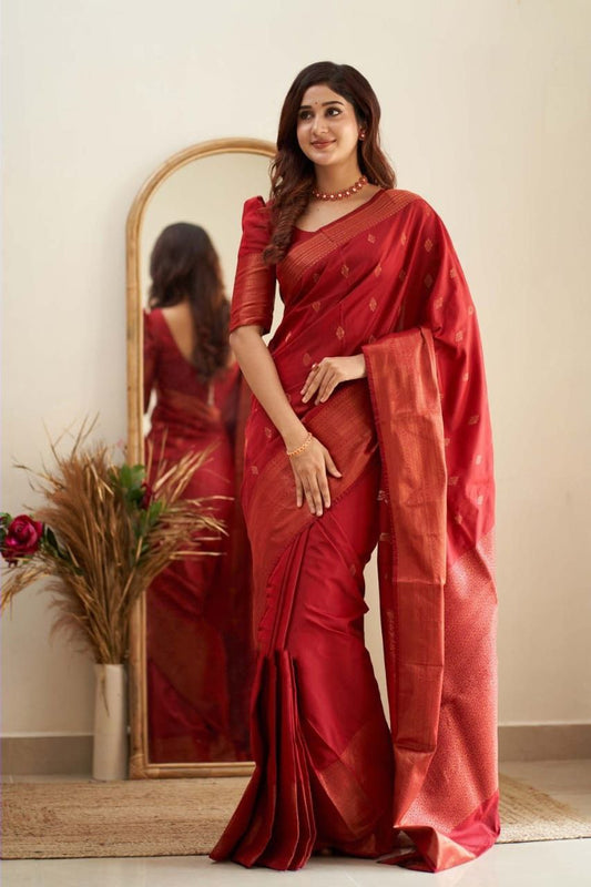 Royal Grace With Red Kanjivaram Silk Saree with Traditional Weaves