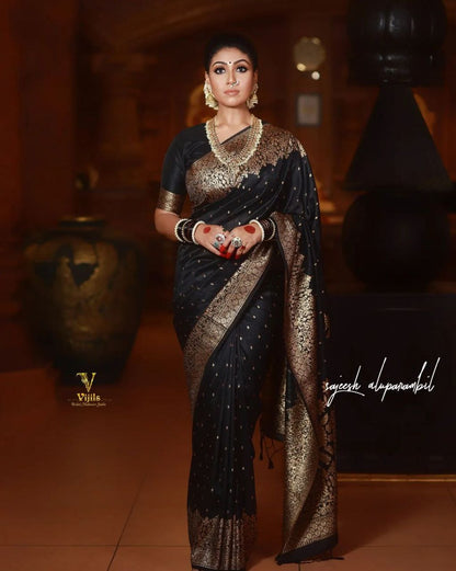 Premium Black Cotton Saree Featuring Matching Border - Graceful Ethnic Wear for Women