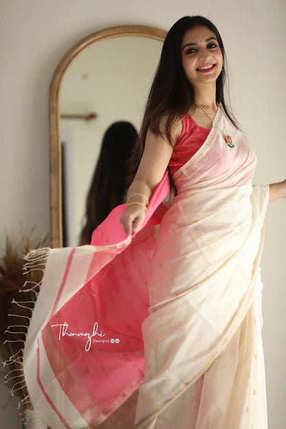 Timeless White Cotton Saree Featuring a Vibrant Pink Border for Every Occasion