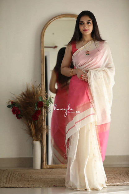 Timeless White Cotton Saree Featuring a Vibrant Pink Border for Every Occasion